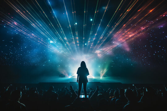 An image of a person from behind attending a holographic concert with the performer projected on stage.