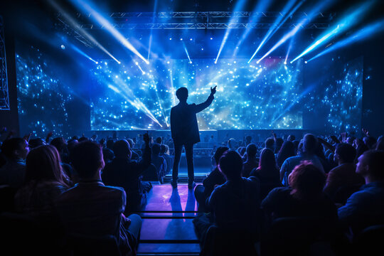 An Image Of A Person From Behind Attending A Holographic Concert With The Performer Projected On Stage.