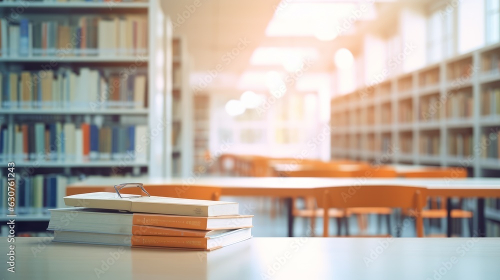 Poster blurry college library. bookshelves and a classroom in blurry focus. use as a backdrop or background