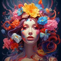 Fantasy flower portrait of a woman created with Generative AI technology