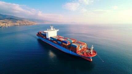 Drone view, container freight vessel in open sea, maritime shipping. AI generative