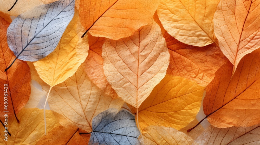 Poster autumn leaves in a background pattern. ai generative.