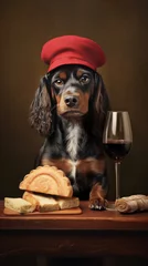 Fototapete Französische Bulldogge Dog with red wine and baguette and french beret