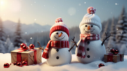 Obraz premium Winter Wonderland Wishes, Christmas Banner with Gift Boxes and Snowman. Generative AI