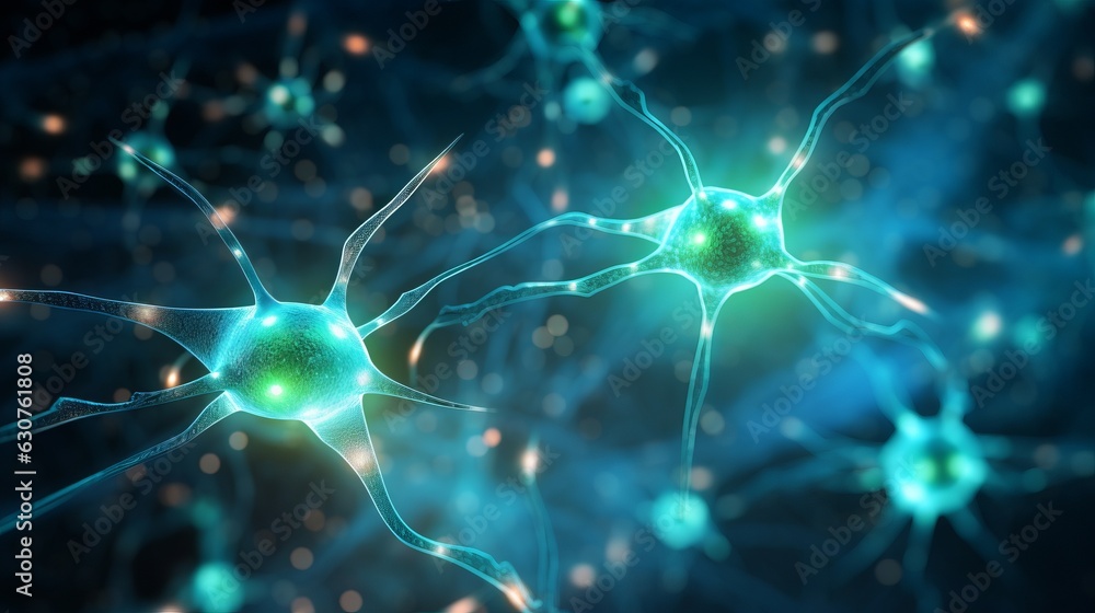 Poster conceptual illustration of neuron cells with glowing links. ai generative.