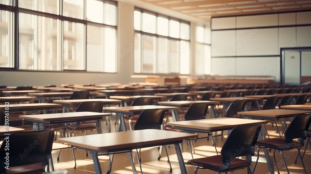 Poster empty defocused university classroom. ai generative.