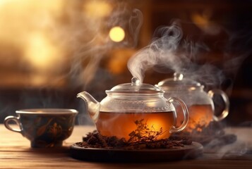 a cup of hot tea with smoke on the table. generative ai