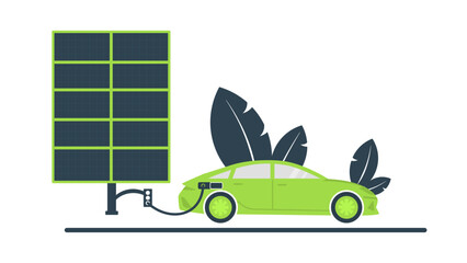 Electric car charging with solar energy. Electric car charging with solar panels. Sustainable life. Sustainable car. Electric Car Charging Parking Station.
