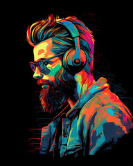Colorful bearded hipster man listening to music. Vector art illustration created with Generative AI technology