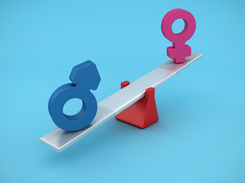 Gender Symbols Balancing on a Seesaw - High Quality 3D Rendering