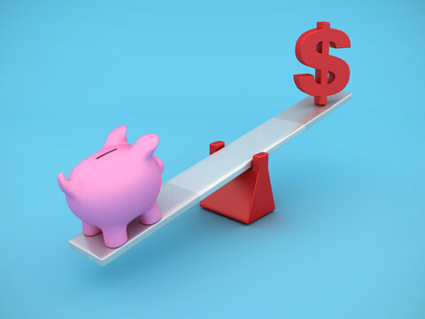 Piggy Bank and Dollar Sign Balancing on a Seesaw - High Quality 3D Rendering