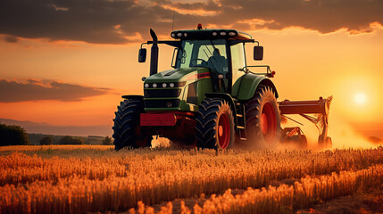 Fototapeta premium A Breathtaking Afternoon Harvest as the Agricultural Tractor Reaps the Golden Wheat at Sunset