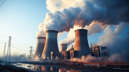 The Thermal Power Station at Full Throttle, Emanating Visible Power. Generative AI