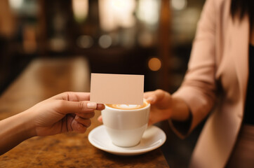 Woman holding business card and cup of coffee in cafe, closeup