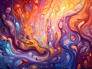 abstract background with waves and brush paint strokes, bubbles and spheres, orange and blue