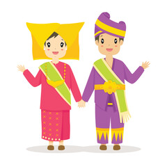 Happy couple wearing Padang, West Sumatra traditional dress waving hands, greeting hand gesture. Indonesia traditional dress cartoon vector.