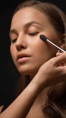 Obraz premium Beautiful young woman with a light natural make-up, brush for cosmetics and perfect skin.