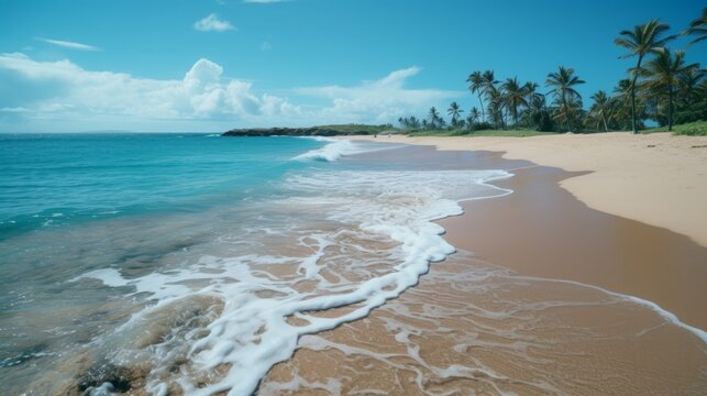 Photo of a tropical paradise with sandy beaches and palm trees created with Generative AI technology