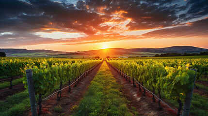 A picture of a vineyard at sunset with rows of vines disappearing into the horizon.