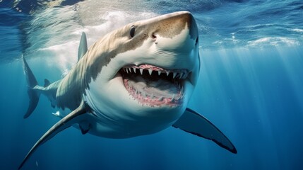 Smiling shark in ocean. AI generative.