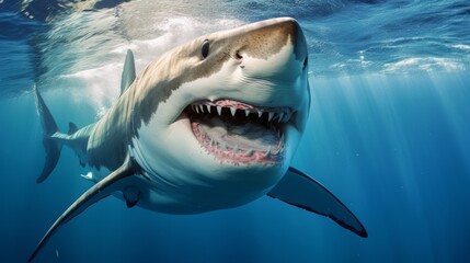 Obraz premium Smiling shark in ocean. AI generative.