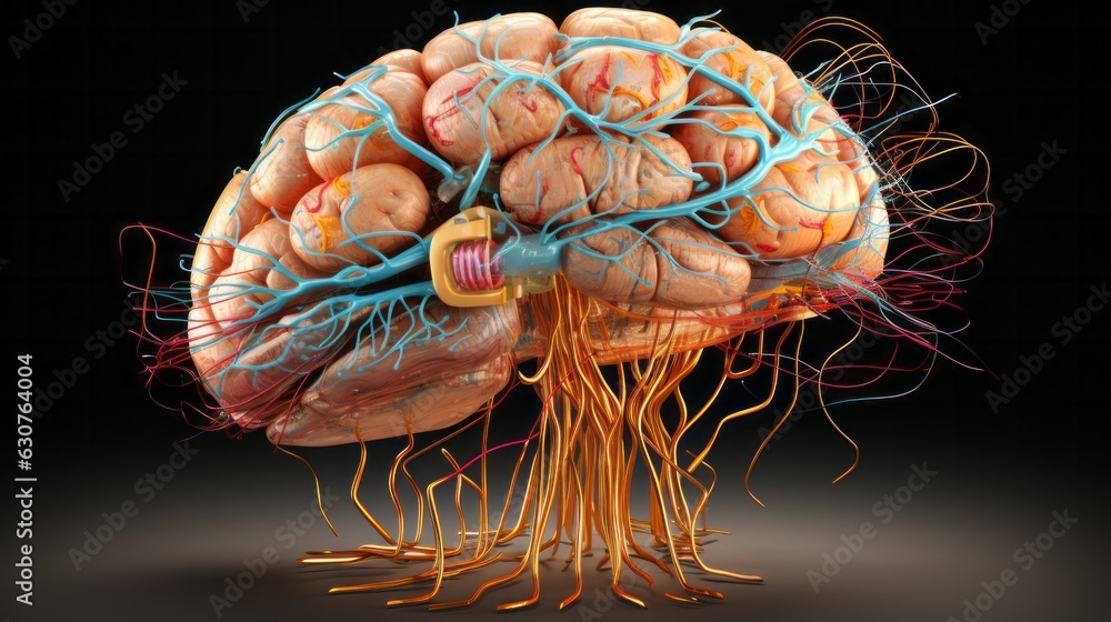 Poster rendered human brain with detailed neural connection. ai generative.