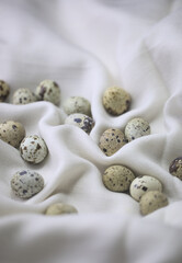 Fototapeta na wymiar Quail Eggs On A White Cloth 