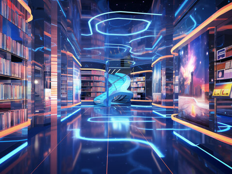 A shot of a futuristic library with holographic books and interactive learning spaces.