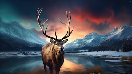 Deer against the backdrop of mountains and arctic sunset, aurora borealis. Generative AI