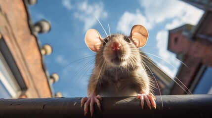 A rodent viewed up close on top of a building. Generative AI