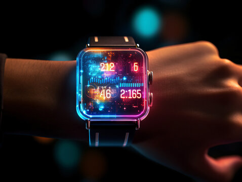 A Shot Of A Person From Behind Using A Holographic Interface On Their Smartwatch Surrounded By Digital Data.