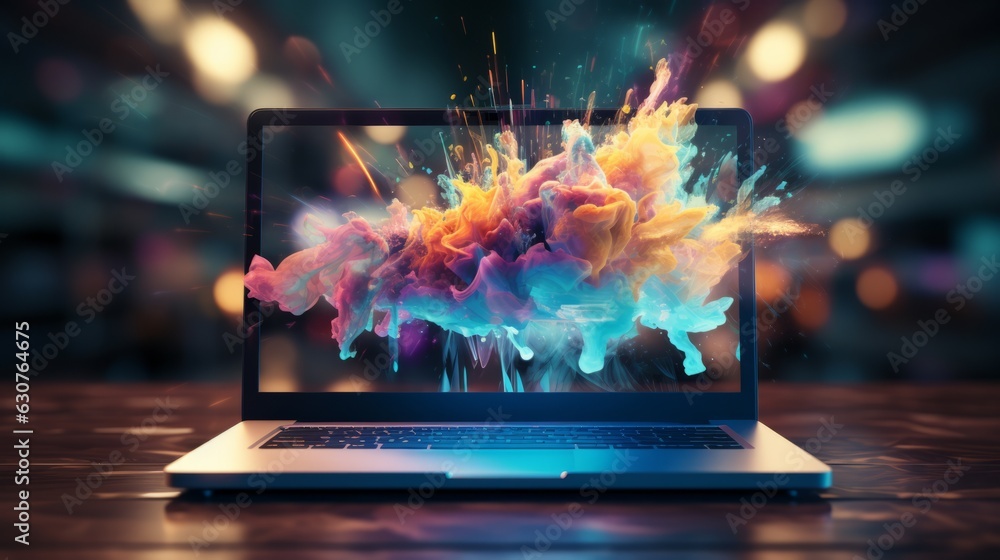 Poster abstract creative coding concept on a multi exposure contemporary laptop background. generative ai