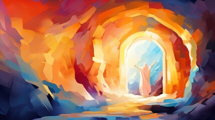 Abstract art. Colorful painting art of the empty tomb of Jesus. Easter or Resurrection concept. He is Risen. Generative AI