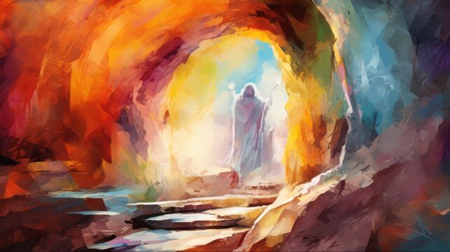 Abstract art. Colorful painting art of the empty tomb of Jesus. Easter or Resurrection concept. He is Risen. Generative AI