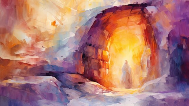 Abstract art. Colorful painting art of the empty tomb of Jesus. Easter or Resurrection concept. He is Risen. Generative AI