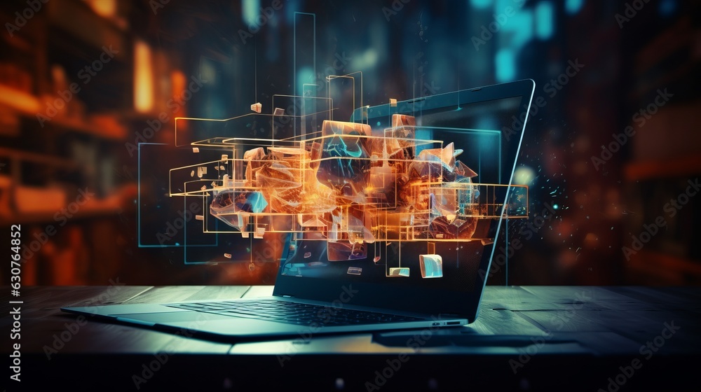 Aufkleber abstract creative coding concept on a multi exposure contemporary laptop background. generative ai