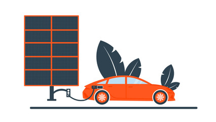 Electric car charging with solar energy. Electric car charging with solar panels. Sustainable life. Sustainable car. Electric Car Charging Parking Station.