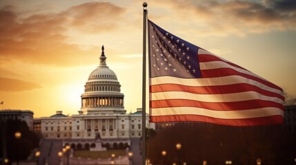 American flag with Capitol building in the background in the sunset. Generative ai.