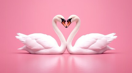 swans forming love shape on pink background