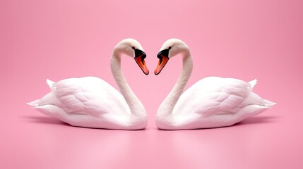 swans forming love shape on pink background