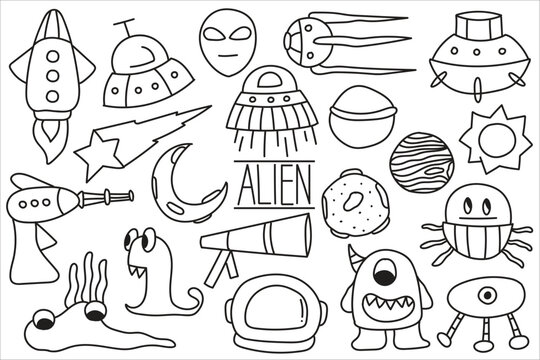 Hand drawn set of alien doodle space theme doodle UFO alien planet and spacecraft