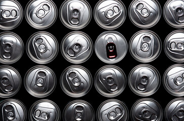 Bunch of aluminum cans from a top view perspective. - Powered by Adobe