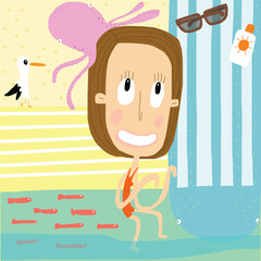 Woman entering the sea feeling the cold water. Vector Illustration.