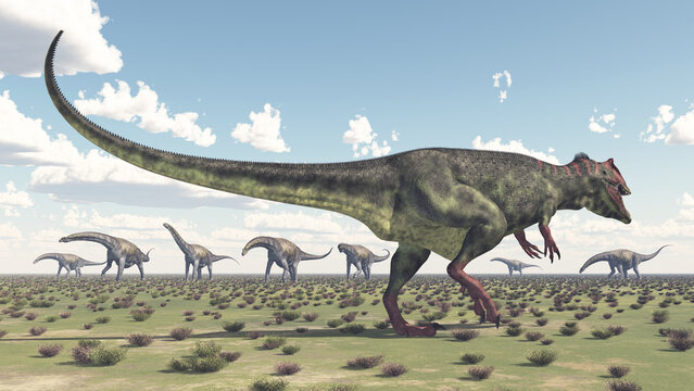 Giganotosaurus und eine Gruppe von Argentinosaurus Dinosauriern