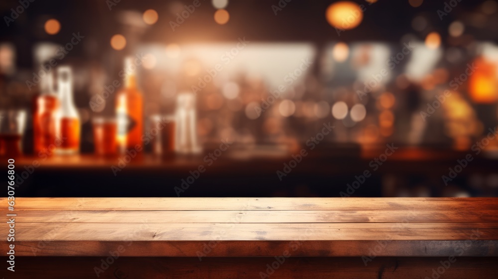 Poster the empty wooden table top with blur background of restaurant at night. exuberant image. generative 