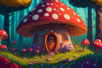 a mushroom hut in a fairy-tale mystical forest on a lawn among flowers