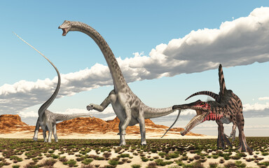 Dinosaurier Spinosaurus und Diplodocus in einer Wüstenlandschaft