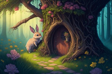 A cute rabbit at the door of a house placed in a tree. A bunny in a fairy forest