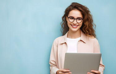 Fototapeta premium Smiling pretty woman with laptop in front of pastel wall created with Generative AI technology