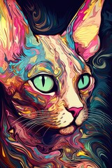 Colorpoint Shorthair Sphynx cat psychedelic look. Generative AI